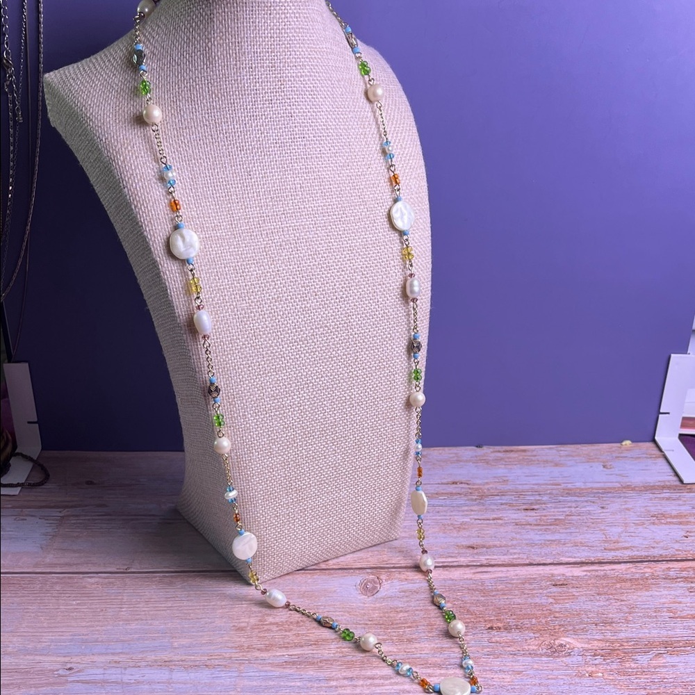Freshwater Pearls & Multi-Color Beaded Station Long Necklace - Picture 3 of 9